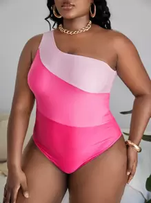 SHEIN Slayr Plus Color Block One Shoulder One Piece Swimsuit - Pink - View 3