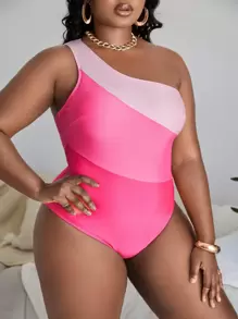 SHEIN Slayr Plus Color Block One Shoulder One Piece Swimsuit - Pink - View 4