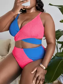 Plus Size Two Tone Wrap Bikini Set Summer Beach - Multicolor - View 1
