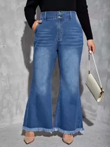 SHEIN Essnce Quần Denim kích thước lớn Nút Túi Dây kéo Hem thô màu trơn - Rửa trung bình - Xem 1