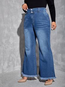 SHEIN Essnce Quần Denim kích thước lớn Nút Túi Dây kéo Hem thô màu trơn - Rửa trung bình - Xem 3
