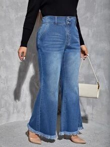 SHEIN Essnce Quần Denim kích thước lớn Nút Túi Dây kéo Hem thô màu trơn - Rửa trung bình - Xem 4