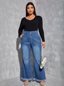 SHEIN Essnce Quần Denim kích thước lớn Nút Túi Dây kéo Hem thô màu trơn - Rửa trung bình - Xem 5