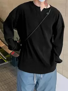 Manfinity Hypemode Áo thun nam vừa vặn cổ chữ V trễ vai dài tay thời trang hàn quốc mùa xuân dệt kim hàng đầu - màu đen - Xem 1