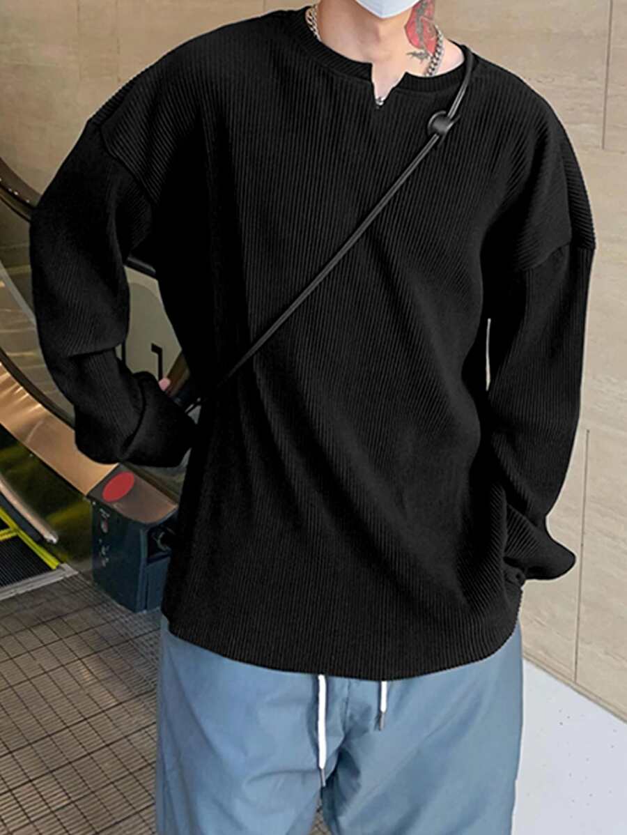 Manfinity Hypemode Áo thun nam vừa vặn cổ chữ V trễ vai dài tay thời trang hàn quốc mùa xuân dệt kim hàng đầu - màu đen - Xem 1