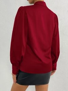 SHEIN Privé Solid Shawl Neck Bishop Sleeve Shirt - Burgundy - View 2
