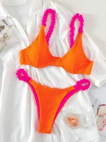 Swim Vcay Frill Trim Underwire Thong Summer Beach Bikini Set - Orange - View 6