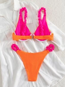 Swim Vcay Frill Trim Underwire Thong Summer Beach Bikini Set - Orange - View 7