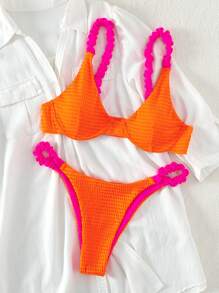Swim Vcay Frill Trim Underwire Thong Summer Beach Bikini Set - Orange - View 4