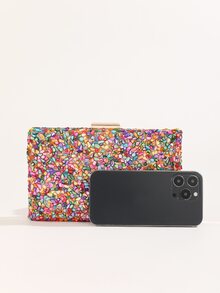 Bolso caja mini de color combinado con diseño de diamante de imitación con cadena - Multicolor - Ver 4