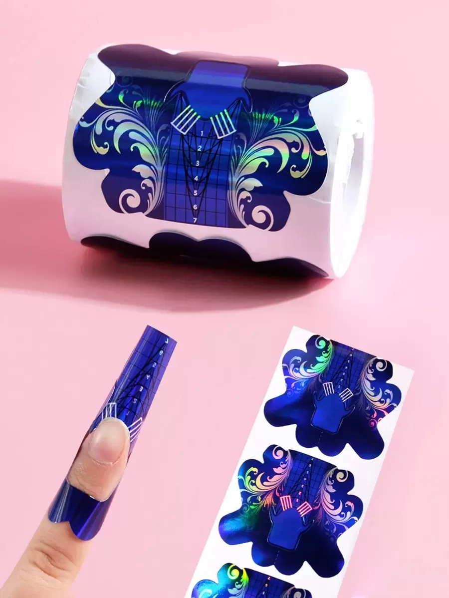 专业蓝色花朵图案美甲延长纸导贴(100张),适用于美甲模板纸,快速延长。 - 彩色 - 查看 1