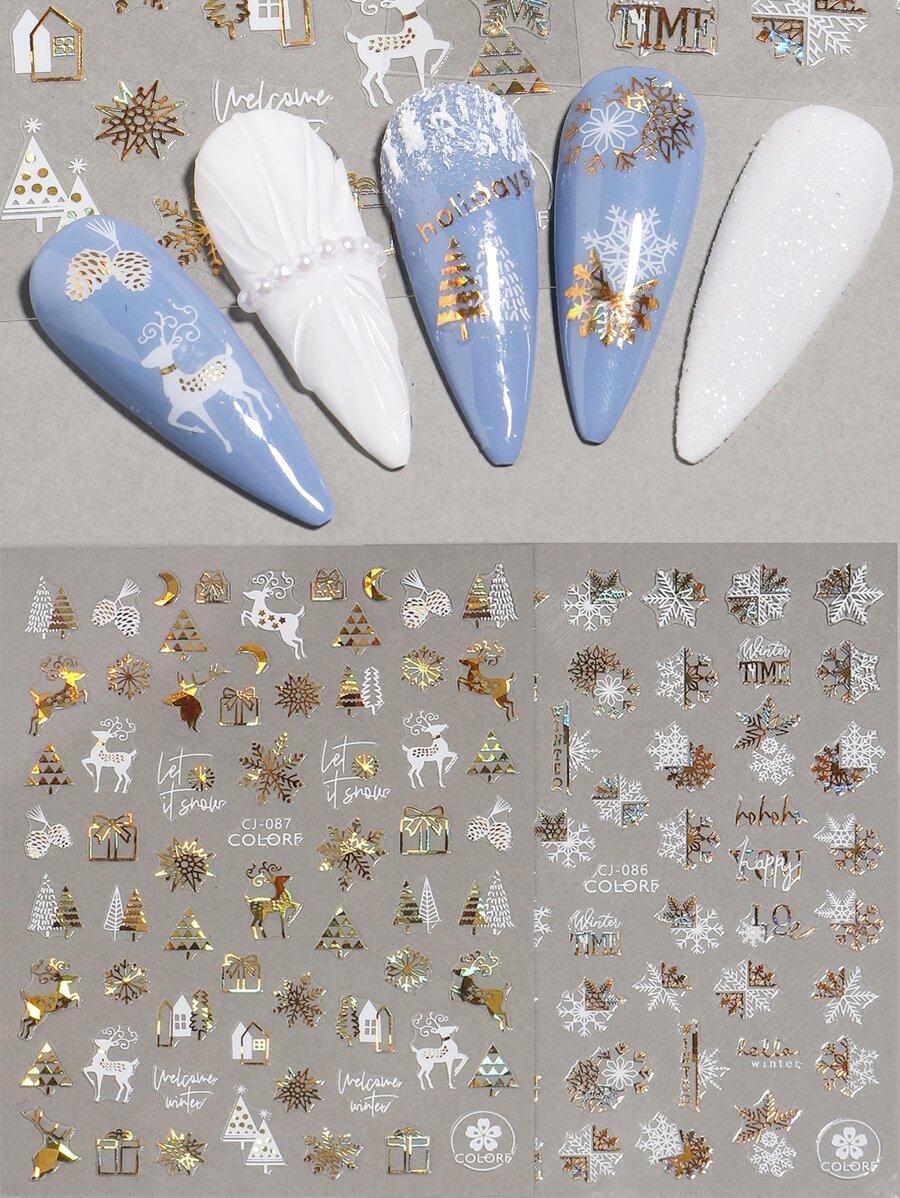 FULL BEAUTY Christmas 2sheets Snowflake & Cartoon Elk Print Nail Art Sticker - Multicolor - View 1