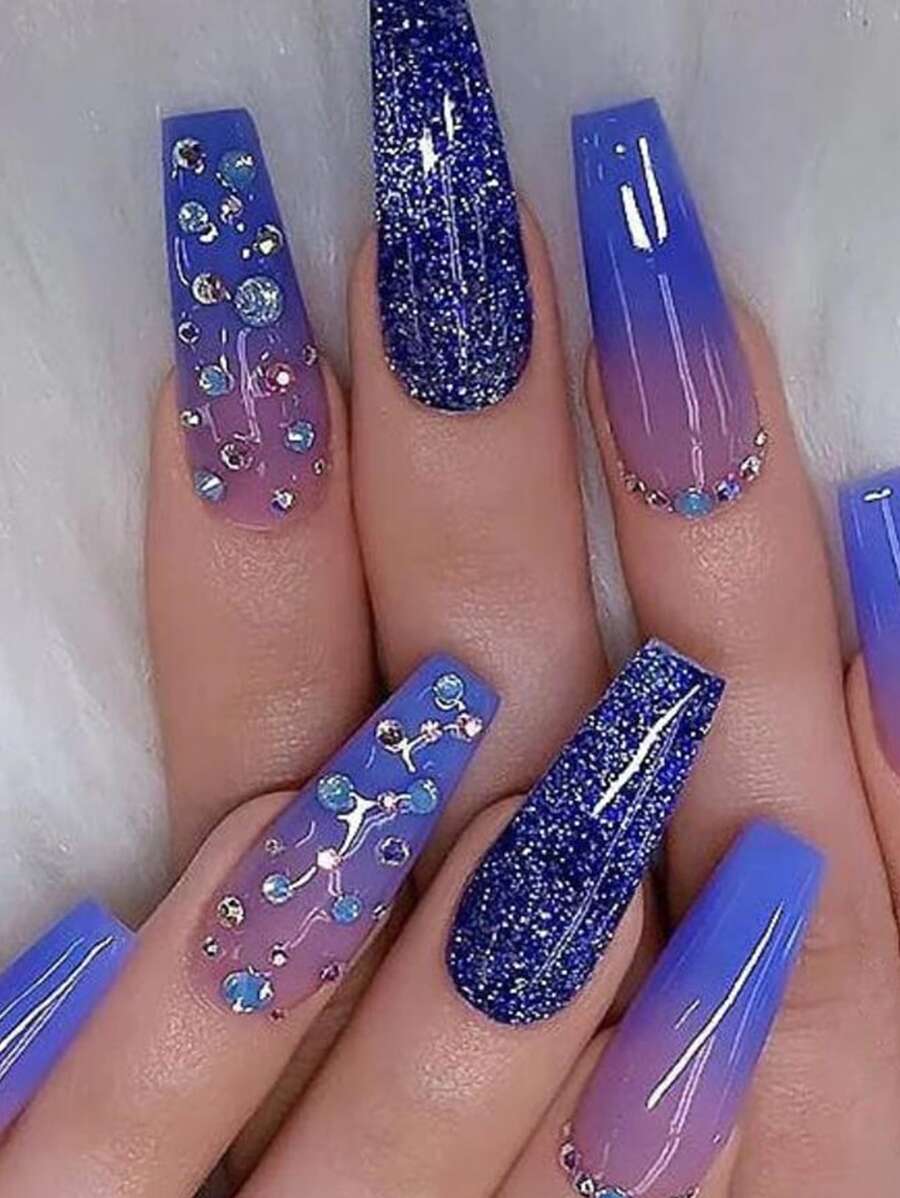 24 chiếc hình quan tài dài, màu chuyển sắc kiểu Pháp, đầu móng tay thủ công, đính kim cương giả để tăng cường sự quyến rũ, thích hợp cho sinh viên, quý cô, tiệc tùng, khiêu vũ, đeo hàng ngày Bấm vào móng tay Đồ dùng làm móng - Nhiều màu - Xem 1