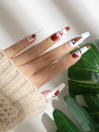 24 piezas de uñas postizas con diseño navideño en forma de ataúd, 1 lima de uñas y 1 hoja de cinta para uñas postizas, suministros para uñas