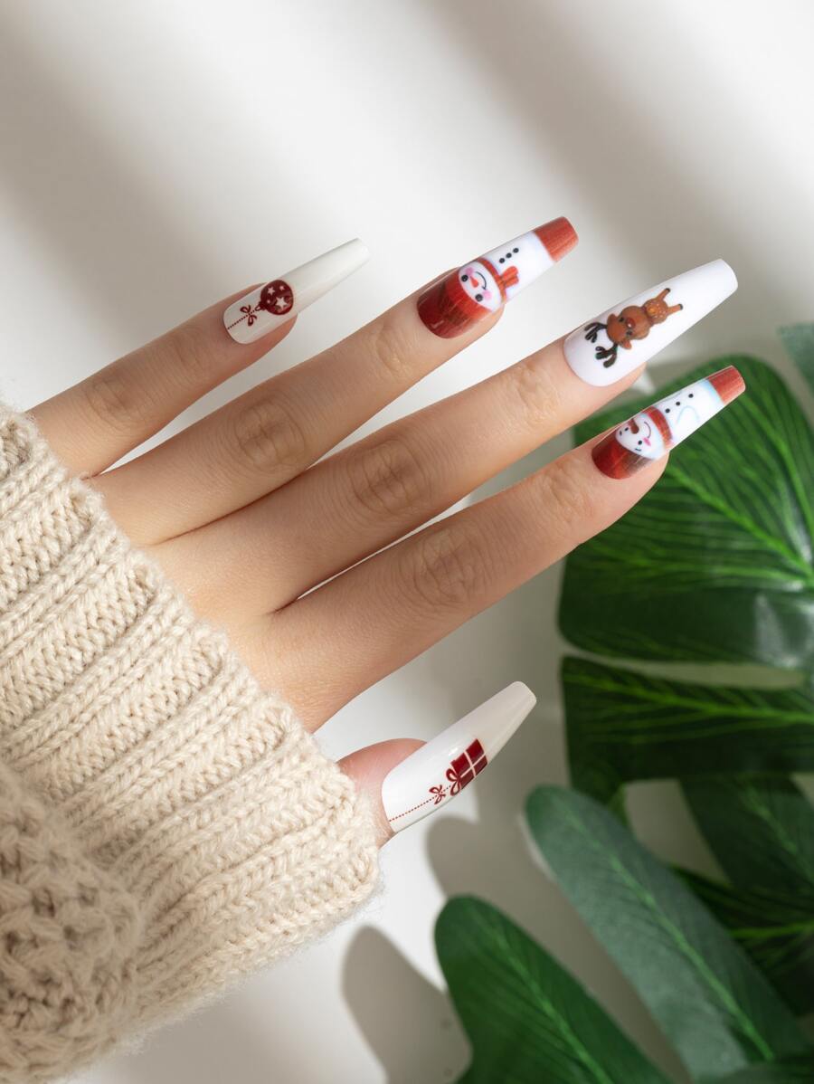 24Pcs Coffin Christmas Graphic Fake Nail & 1Pc Nail File & 1Sheet Tape Press On Nails Nail Supplies Nails