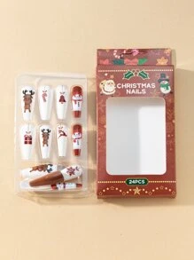 24Pcs Coffin Christmas Graphic Fake Nail & 1Pc Nail File & 1Sheet Tape Press On Nails Nail Supplies Nails