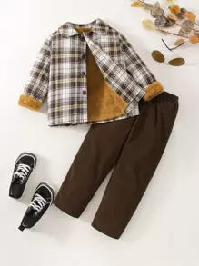 小男童格紋印花毛絨內襯夾克和褲子