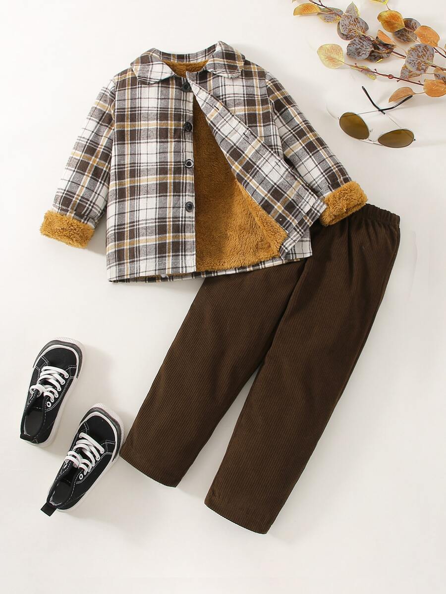 小男童格紋印花毛絨內襯夾克和褲子