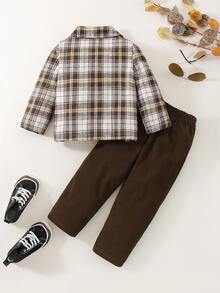 小男童格紋印花毛絨內襯夾克和褲子