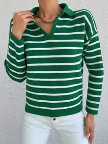 EURMUSE Striped Pattern Drop Shoulder Sweater - Green - View 5