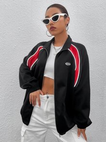 SHEIN EZwear Colourblock Zip Up Raglan Sleeve Jacket - Black - View 1