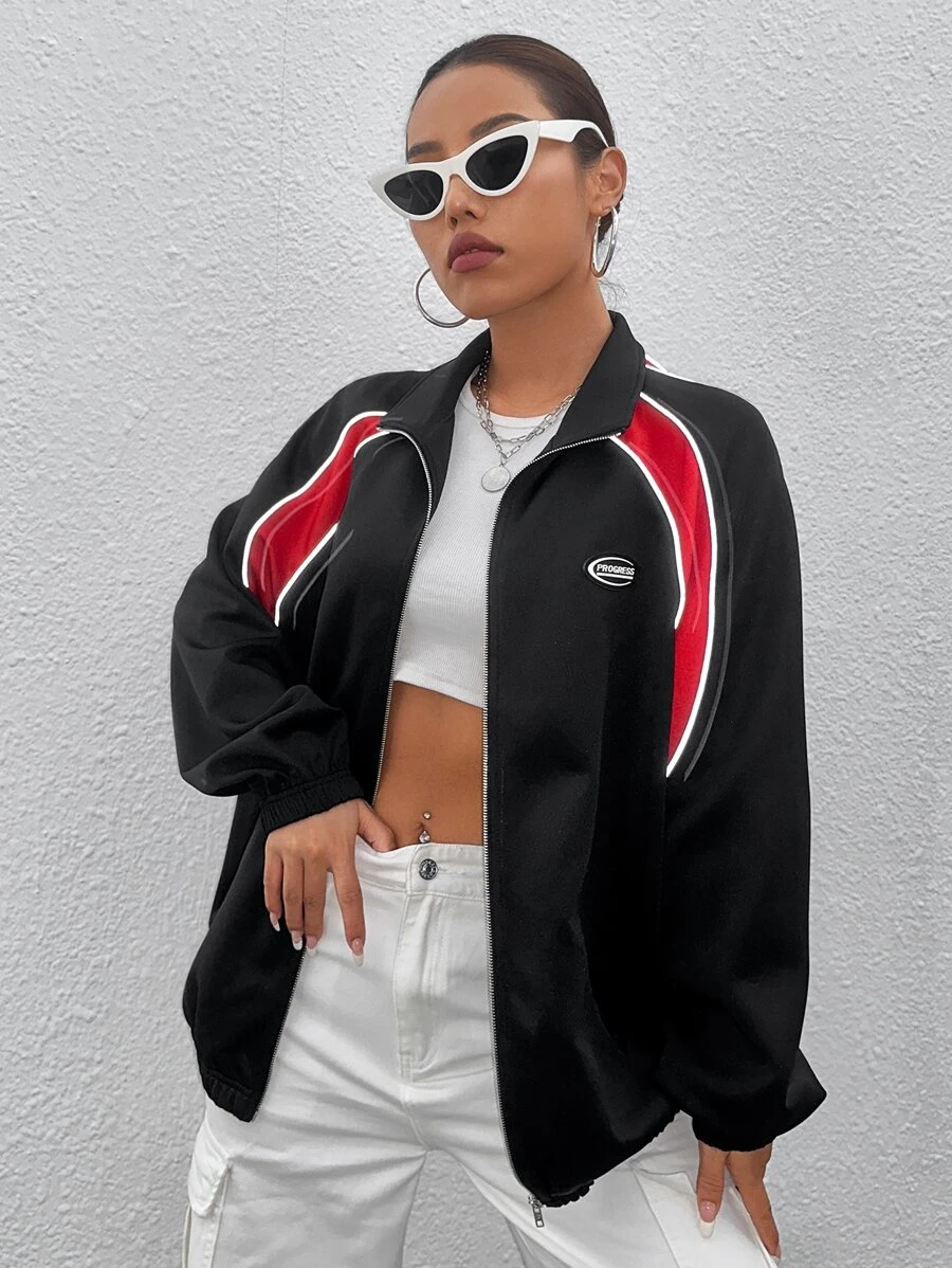 SHEIN EZwear Colourblock Zip Up Raglan Sleeve Jacket - Black - View 1