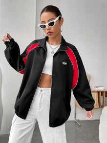 SHEIN EZwear Colourblock Zip Up Raglan Sleeve Jacket - Black - View 3