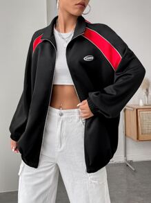 SHEIN EZwear Colourblock Zip Up Raglan Sleeve Jacket - Black - View 4