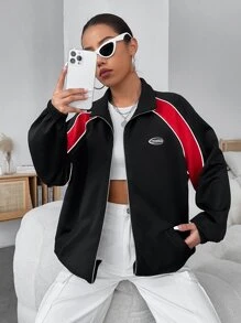 SHEIN EZwear Colourblock Zip Up Raglan Sleeve Jacket - Black - View 5