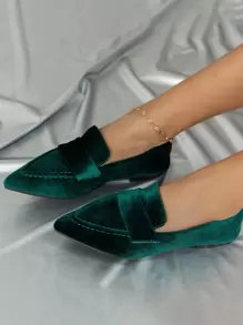 Point Toe Velvet Flat Loafers - Green - View 1