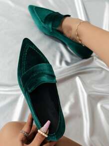 Point Toe Velvet Flat Loafers - Green - View 4