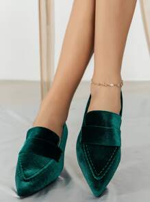 Point Toe Velvet Flat Loafers - Green - View 5