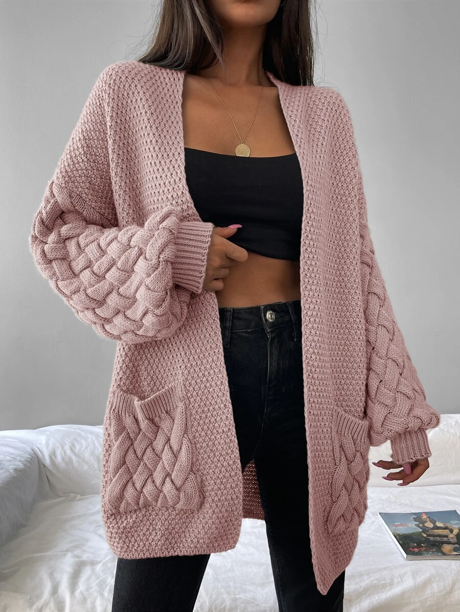 EURMUSE Dual Pocket Drop Shoulder Cardigan - Pink - View 1