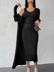 EURMUSE Ribbed Knit Bodycon Jumper Dress & Cardigan - Black - View 5