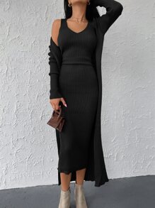 EURMUSE Ribbed Knit Bodycon Jumper Dress & Cardigan - Black - View 6