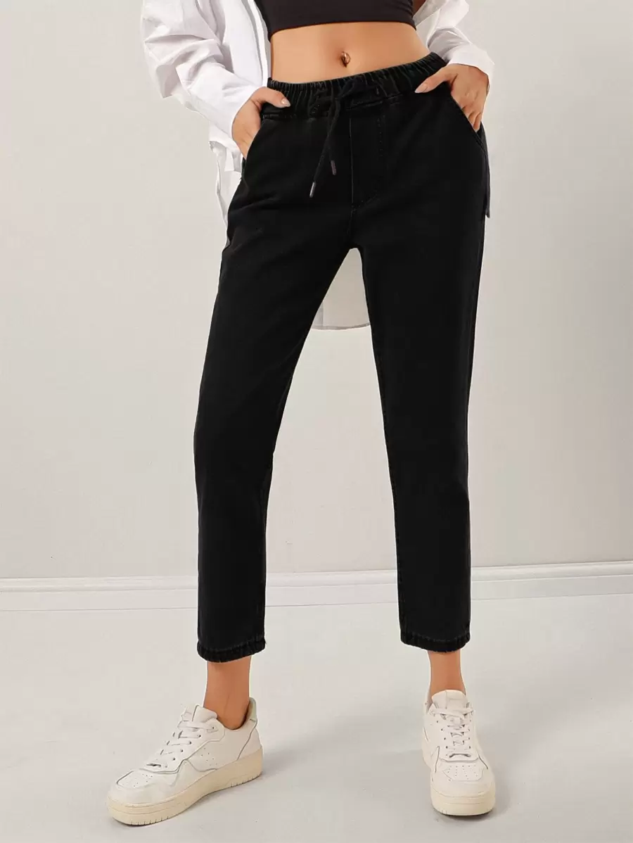 Drawstring Waist Slant Pocket Jeans - Black - View 1
