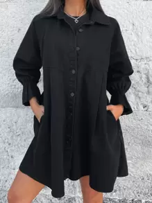 EURMUSE Flounce Sleeve Shirt Dress Without Belt - Black - View 3