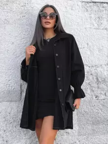 EURMUSE Flounce Sleeve Shirt Dress Without Belt - Black - View 5