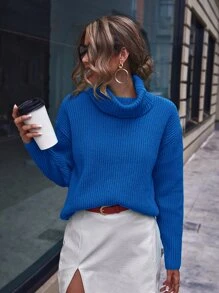 SHEIN Privé Cowl Neck Drop Shoulder Jumper - Blue - View 3