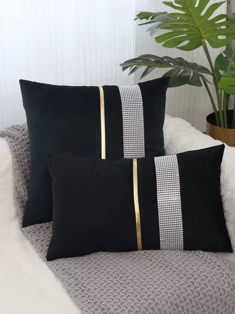 1pc Rhinestone Decor Cushion Cover Without Filler, Modern Throw Pillow Case For Sofa - Black - View 1