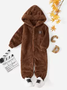 SHEIN 少年字母拼貼細節3d耳朵設計帽t熊連身衣 - 咖啡棕 - 查看 1