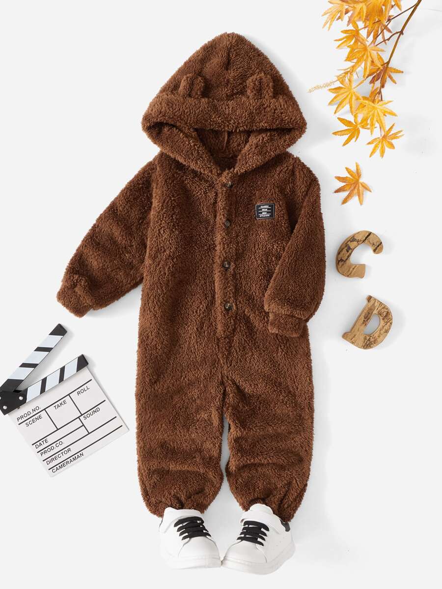 SHEIN 少年字母拼貼細節3d耳朵設計帽t熊連身衣 - 咖啡棕 - 查看 1