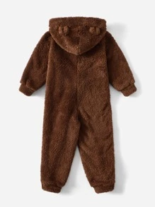 SHEIN 少年字母拼貼細節3d耳朵設計帽t熊連身衣 - 咖啡棕 - 查看 2