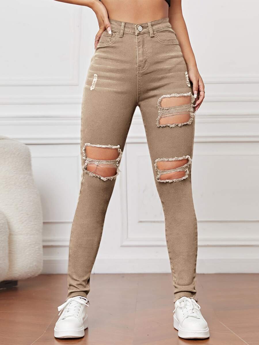 SHEIN EZwear Quần jean nữ Nút Cắt ra Túi Dây kéo Bị tách màu trơn - Màu Khaki - Xem 1