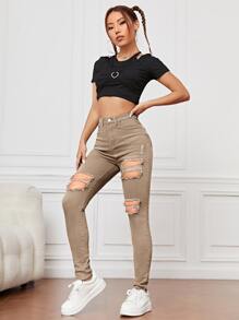 SHEIN EZwear Quần jean nữ Nút Cắt ra Túi Dây kéo Bị tách màu trơn - Màu Khaki - Xem 3