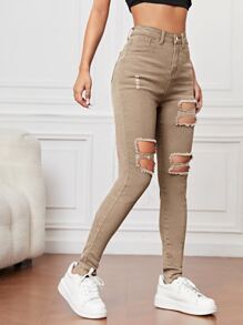 SHEIN EZwear Quần jean nữ Nút Cắt ra Túi Dây kéo Bị tách màu trơn - Màu Khaki - Xem 4