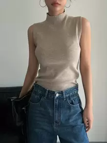 DAZY Solid Mock Neck Sweater Vest,Fall Clothes - Khaki - View 2