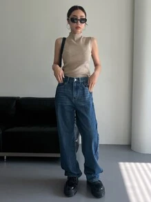 DAZY Solid Mock Neck Sweater Vest,Fall Clothes - Khaki - View 4