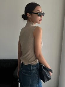 DAZY Solid Mock Neck Sweater Vest,Fall Clothes - Khaki - View 5