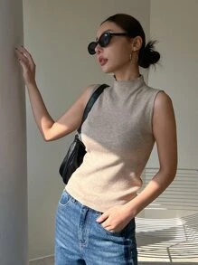 DAZY Solid Mock Neck Sweater Vest,Fall Clothes - Khaki - View 8